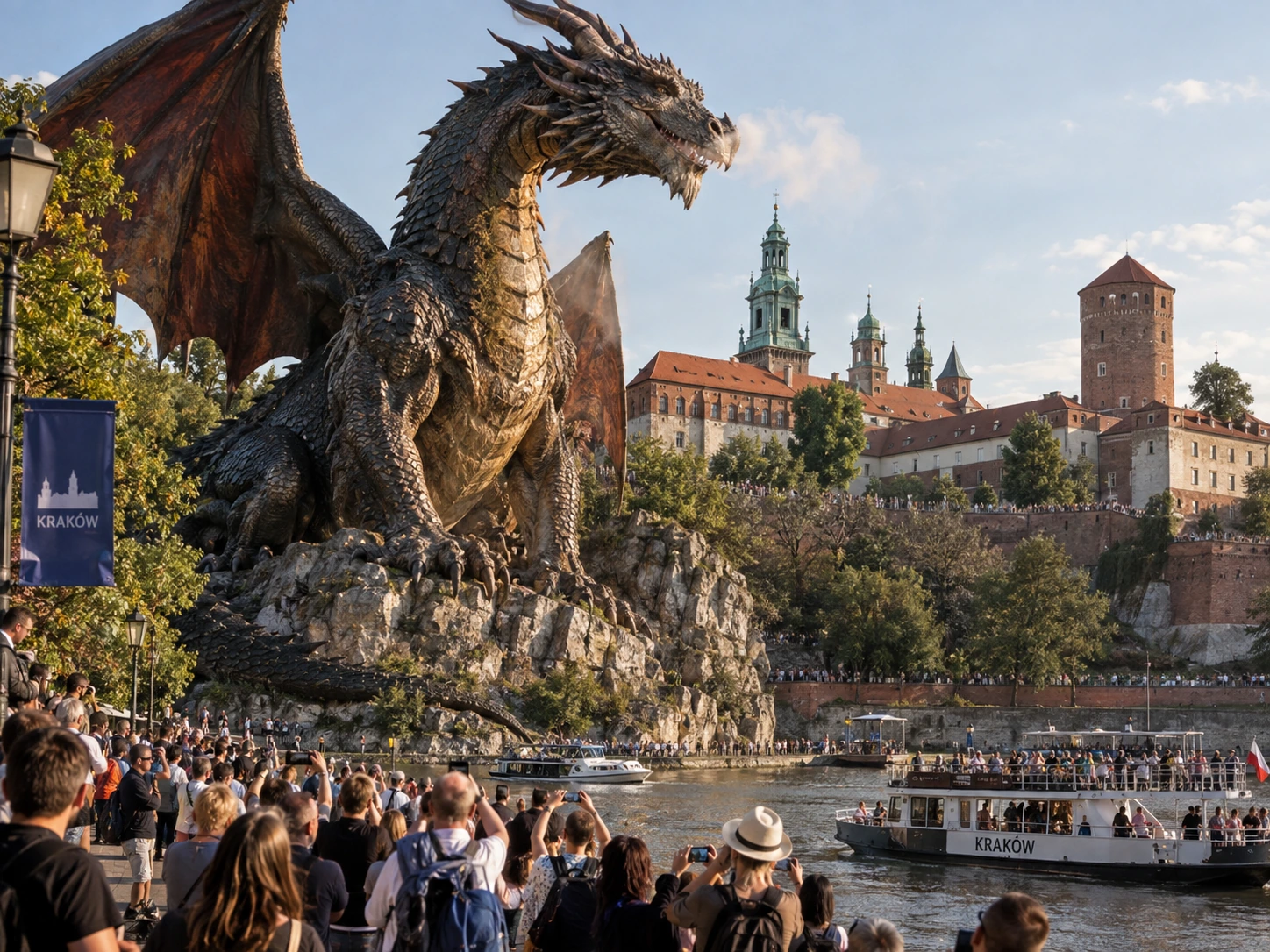 Wizualizacja AI: wielki skrzydlaty smok na skałach nad Wisłą, Wawel w tle.